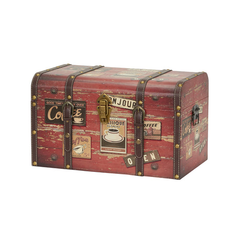 Household Essentials Medium Decorative Trunk, Coffee Shop Faux Decoupage, Antique Exterior, Leather and Metal Accents, Fabric Interior, Hinged Lid, Brown Household Essentials