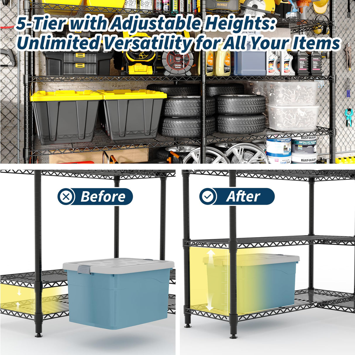 Garvee 70" H Storage Shelves L-Shaped Shelving Unit, 5-Tier Metal Shelves 1325 LBS Capacity, Heavy Duty Wire Shelving Storage Rack with Adjustable Shelf for Kitchen Pantry Bedroom Corner Garvee