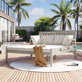 Merax Outdoor Daybed, 3 Seater Acacia Wood Daybed, Patio Day Bed with Four Pillows, Wooden Outdoor Bed with Curved Armrests for Poolside, Backyard, Garden, Gray Merax