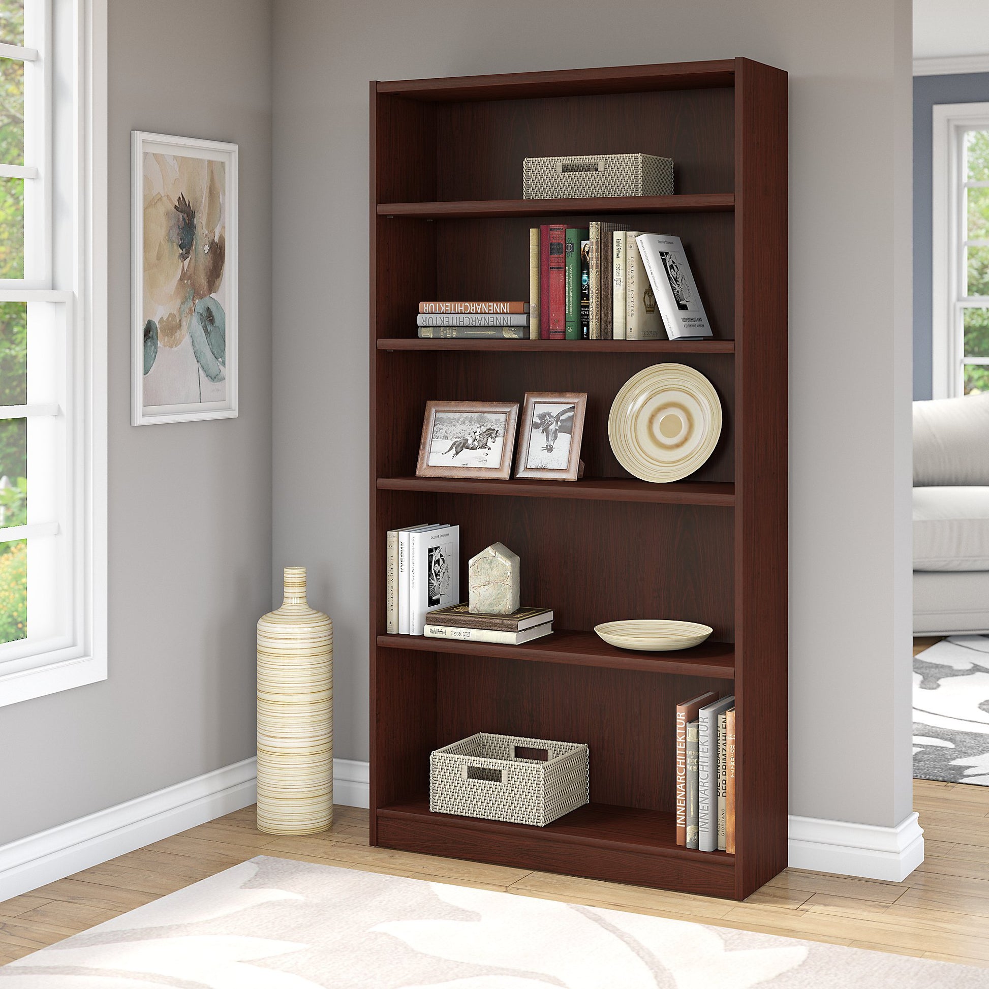 Bush Furniture Universal Tall 5 Shelf Bookcase in Vogue Cherry - WoodArtSupply