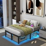 Full Size Bed Frame with LED Lights 14 Inch Platform Bed Frame Full with Charging Station Black Metal Mattress Foundation no Box Spring Needed Led Bed with Large Storage Space,Anti-Noise(Full) HusDream