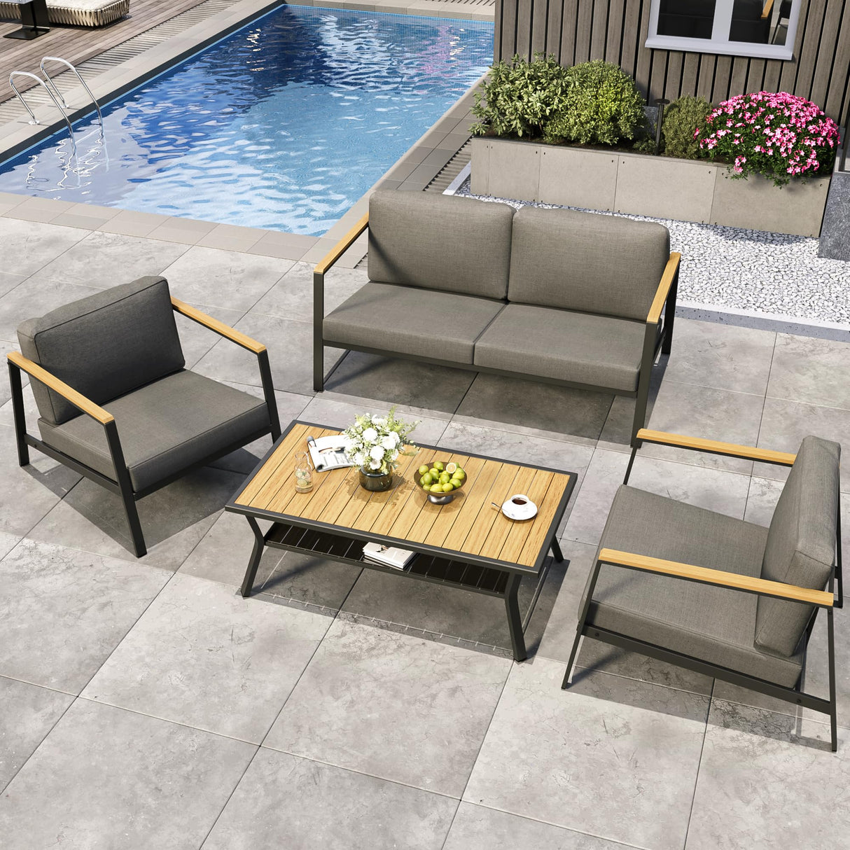 Vimstora 4 Pieces Aluminum Outdoor Patio Furniture Set with Thicken Cushions&Sturdy Table, Modern Patio Conversation Sets Sofa for Balcony, Garden, Deck & Porch Vimstora