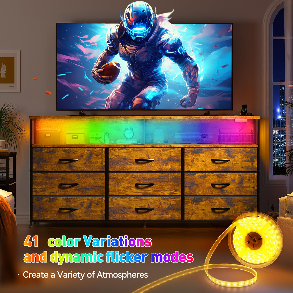 EnHomee 55” W Dresser, Rustic Brown Dresser for Bedroom with Power Outlet & LED Lights for 65" TV Stand for Bedroom Dresser with 9 Fabric Drawers, Long Sturdy Dressers for Bedroom, Closet, Entryway EnHomee