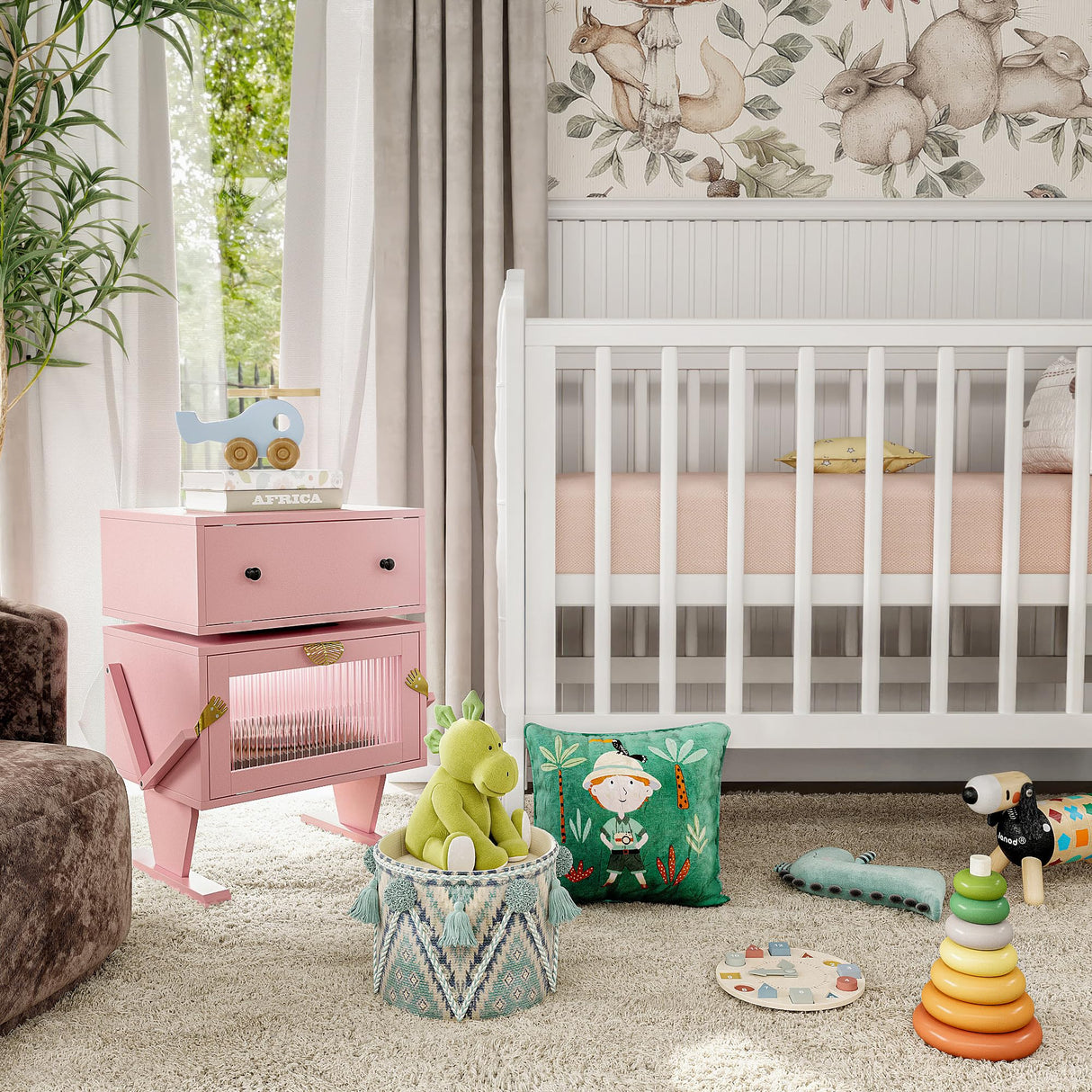 Pink Nightstand with LED Light Strips, Modern End Table with 360° Rotating Drawer, Bedside Table with Glass Door Storage, Wood Night Stand Cabinet for Living Room, Bedroom, Nursery HEYNEMO