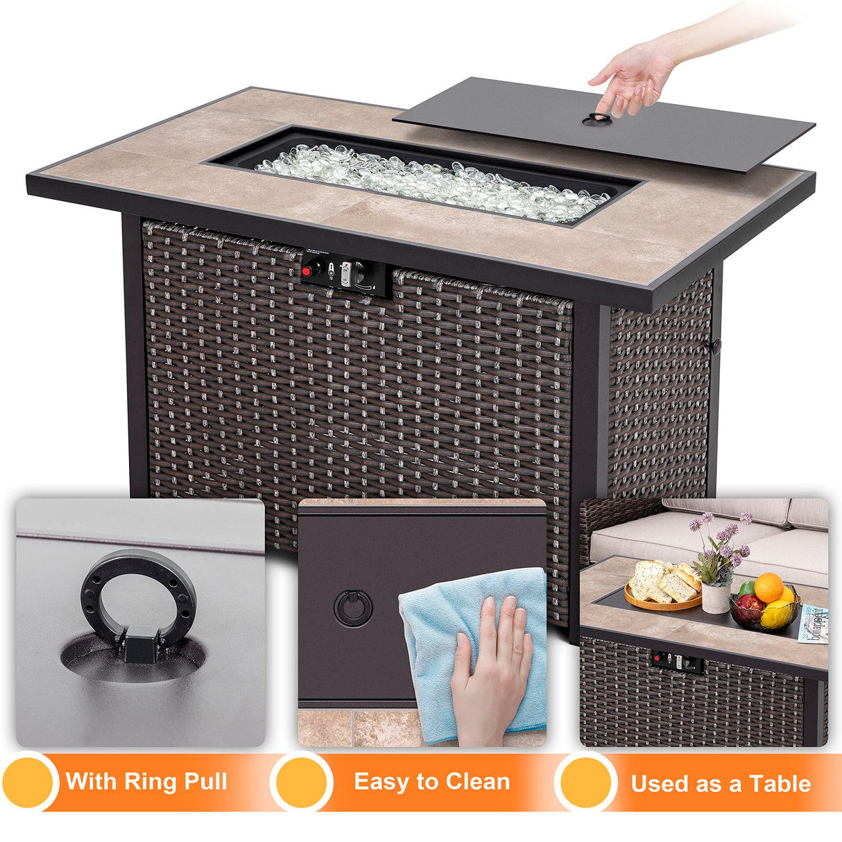 Nuu Garden Propane Fire Pit Table, CSA Certified 43 Inch 50,000 BTU Outdoor Propane Gas Fire Pit Table, Propnae Fire Pit with Ceramic Tabletop, Oxford Cover, 7 lbs Glass Stone, Dark Brown and Coffee NUU GARDEN