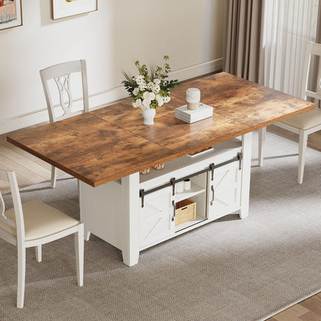DWVO 70 Inches Rectangle Dining Table for 6-8 People Farmhouse Kitchen Table Large Dinner Table with Storage Cabinet Rustic Wooden Table for Dining Room Kitchen Apartment Resturant, White DWVO