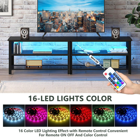 Clikuutory Modern Black 63 inch Metal TV Stand with LED Lights and Power Outlets for 40 50 55 60 65 70 Inch TVs, 3 Tier Television Stands with Entertainment Center and Storage for Living Room, Bedroom Clikuutory