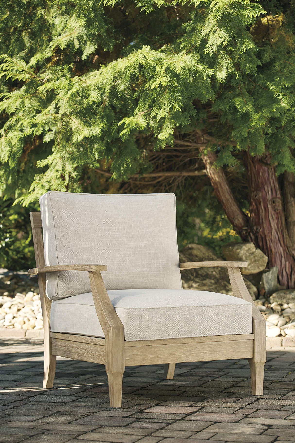 Signature Design by Ashley Clare View Outdoor Eucalyptus Wood Single Cushioned Lounge Chair, Beige Signature Design by Ashley