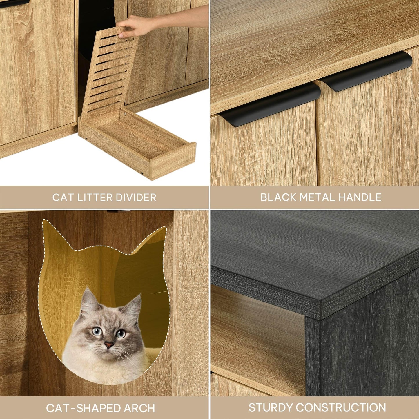 DWVO Cat Litter Box Enclosure for 2 Cats, Litter Box Furniture Hidden with Power Outlet & LED Light, Wooden Cat Cabinet TV Stand Furniture w Double Rooms for Indoor Cats, 59" L x15.7 W x27.5 H, Oak