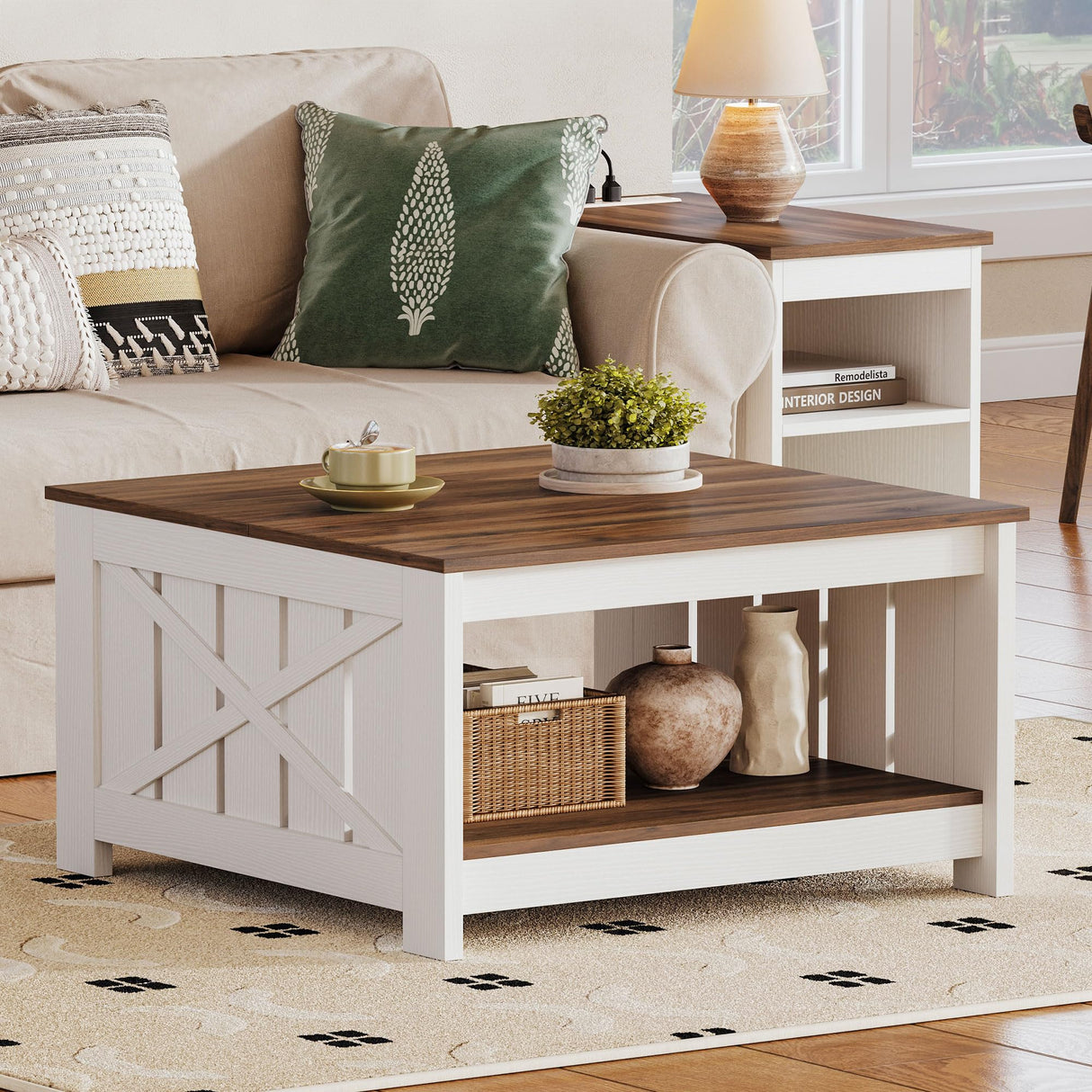 DWVO Farmhouse Coffee Table, Square Coffee Table with Storage, Rustic Wood Cocktail Table, for Living Meeting Room with Half Open Storage Compartment, Brown with White DWVO