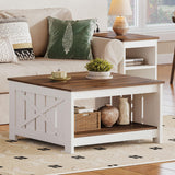 DWVO Farmhouse Coffee Table, Square Coffee Table with Storage, Rustic Wood Cocktail Table, for Living Meeting Room with Half Open Storage Compartment, Brown with White DWVO