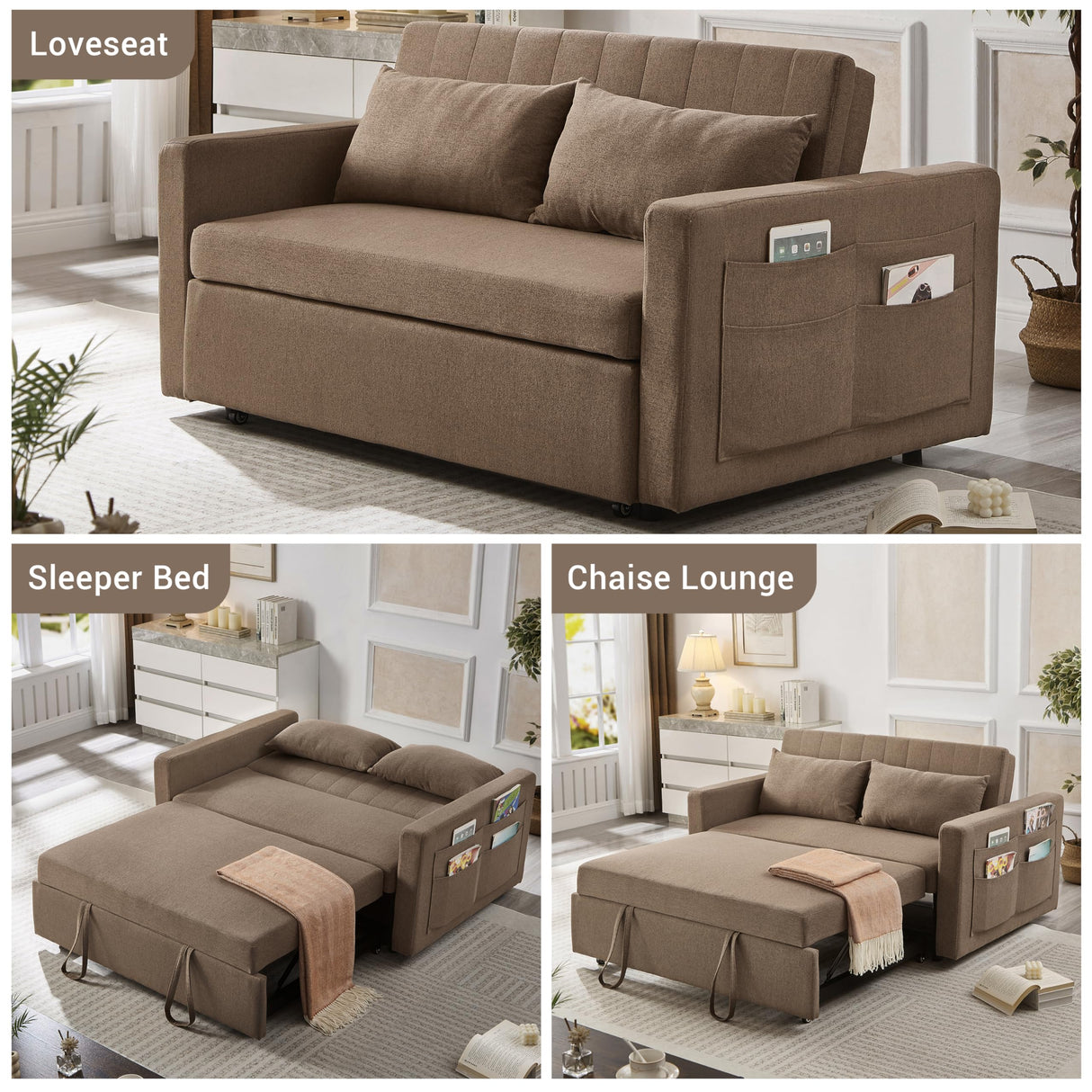 N NOORDENIYA 55.5" Fabric Convertible Sofa Bed, Pull Out Sleeper Sofa Bed, Loveseat Couch with Side Pocket, 3 in 1 Convertible Sleeper Sofa Bed for Living Room, Apartment, Bedroom, RV, Brown N NOORDENIYA