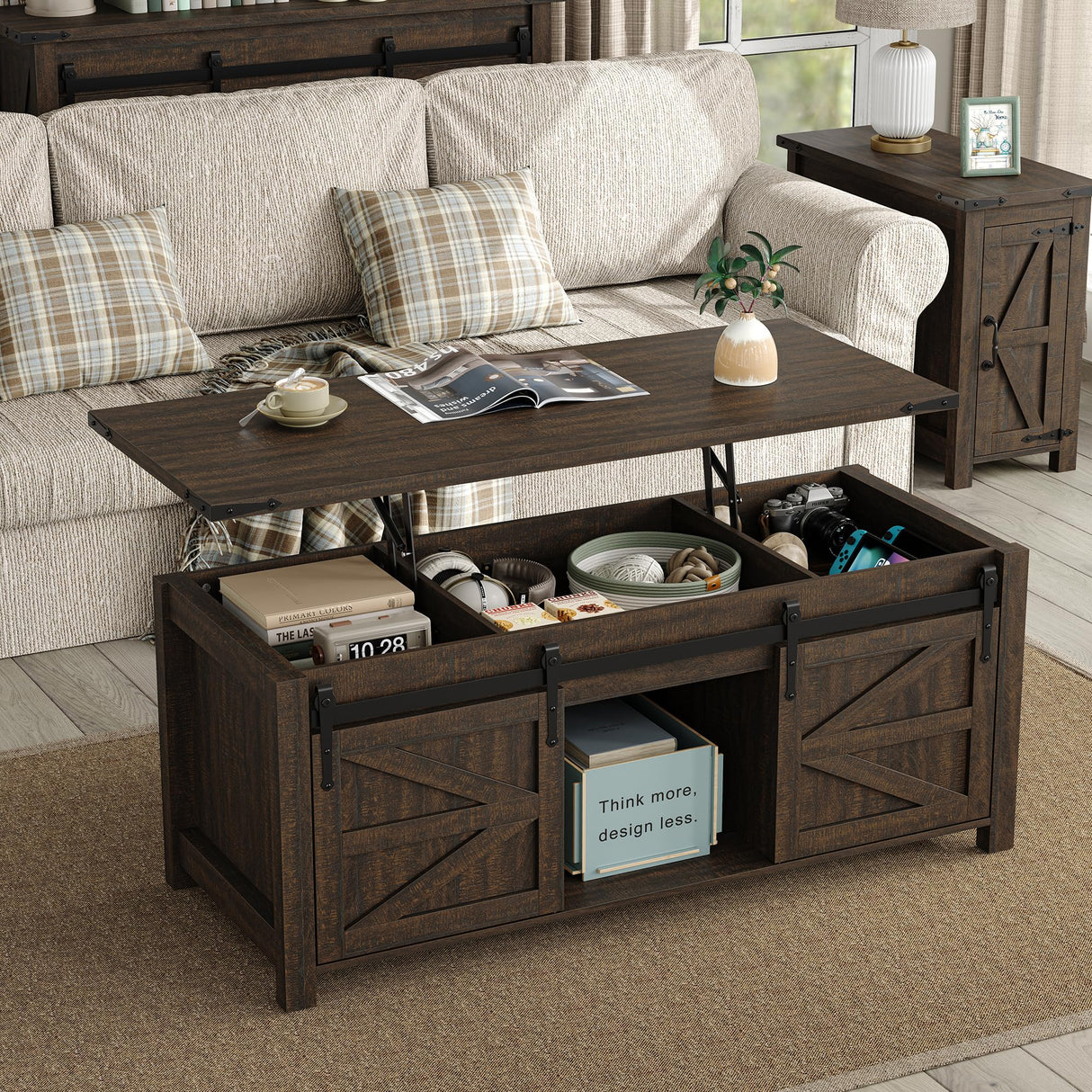 Furnihold 47.3'' Lift Top Coffee Table Rectangle Farmhouse Coffee Table with Storage Rustic Center Table with Sliding Barn Doors for Living Room, Home, Dark Brown Furnihold