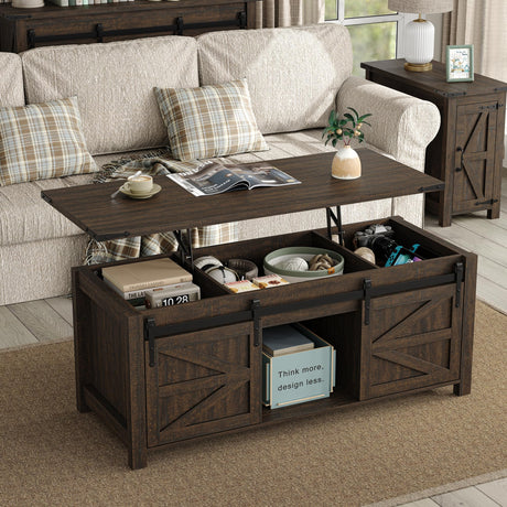 Furnihold 47.3'' Lift Top Coffee Table Rectangle Farmhouse Coffee Table with Storage Rustic Center Table with Sliding Barn Doors for Living Room, Home, Dark Brown Furnihold