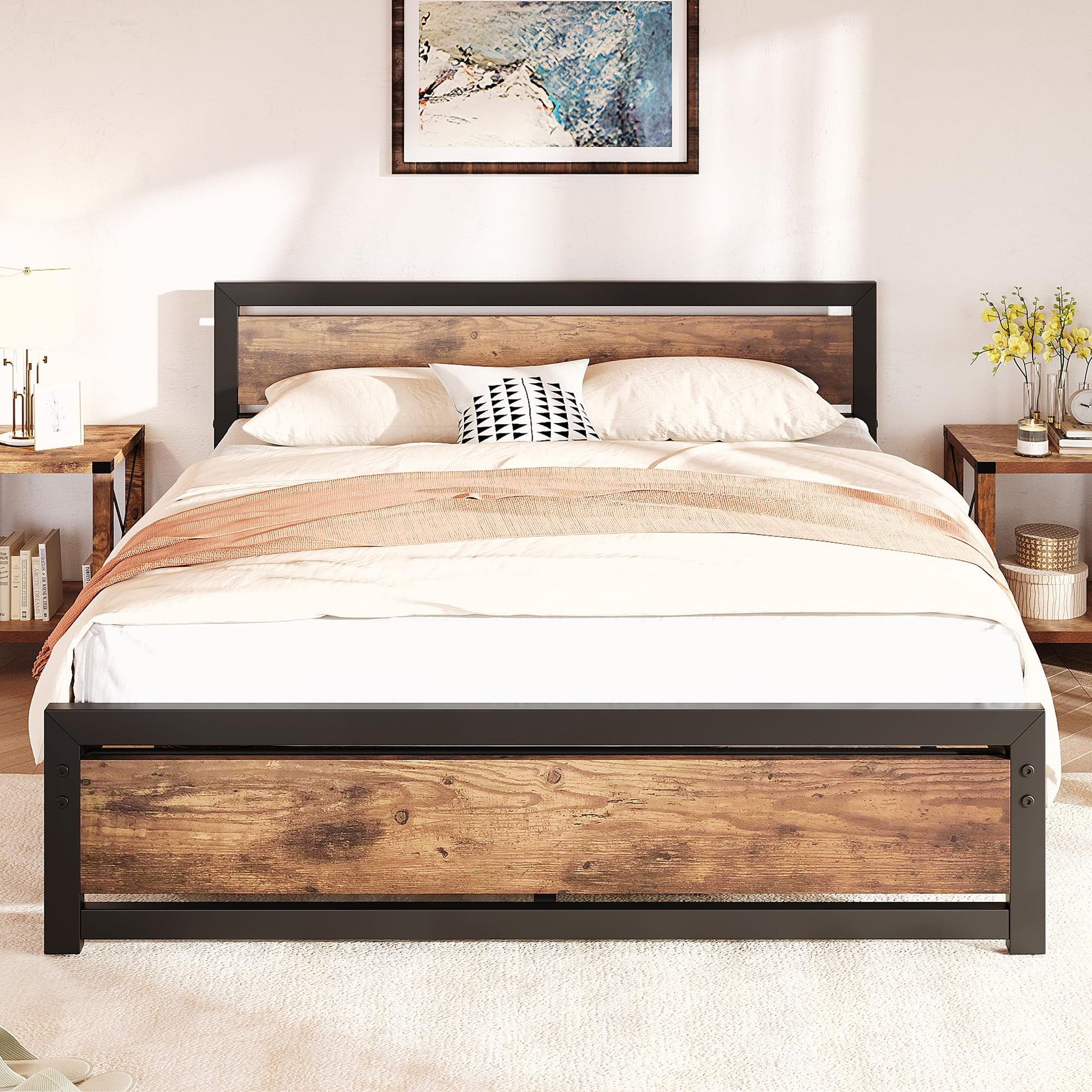 IDEALHOUSE Retro Brown Queen Size Bed Frame with Wooden Headboard and Footboard, No Box Spring Required - WoodArtSupply