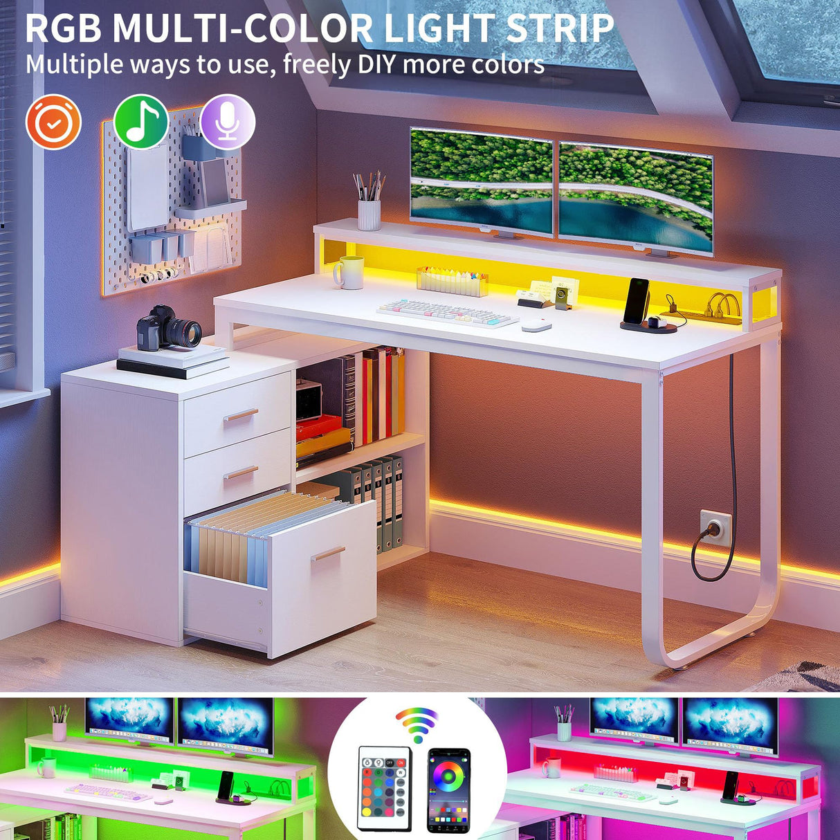 DWVO L Shaped Desk with Drawers, 55" Corner Computer Desk with Power Outlets & LED Lights, Home Office Desk with File Cabinet, White DWVO