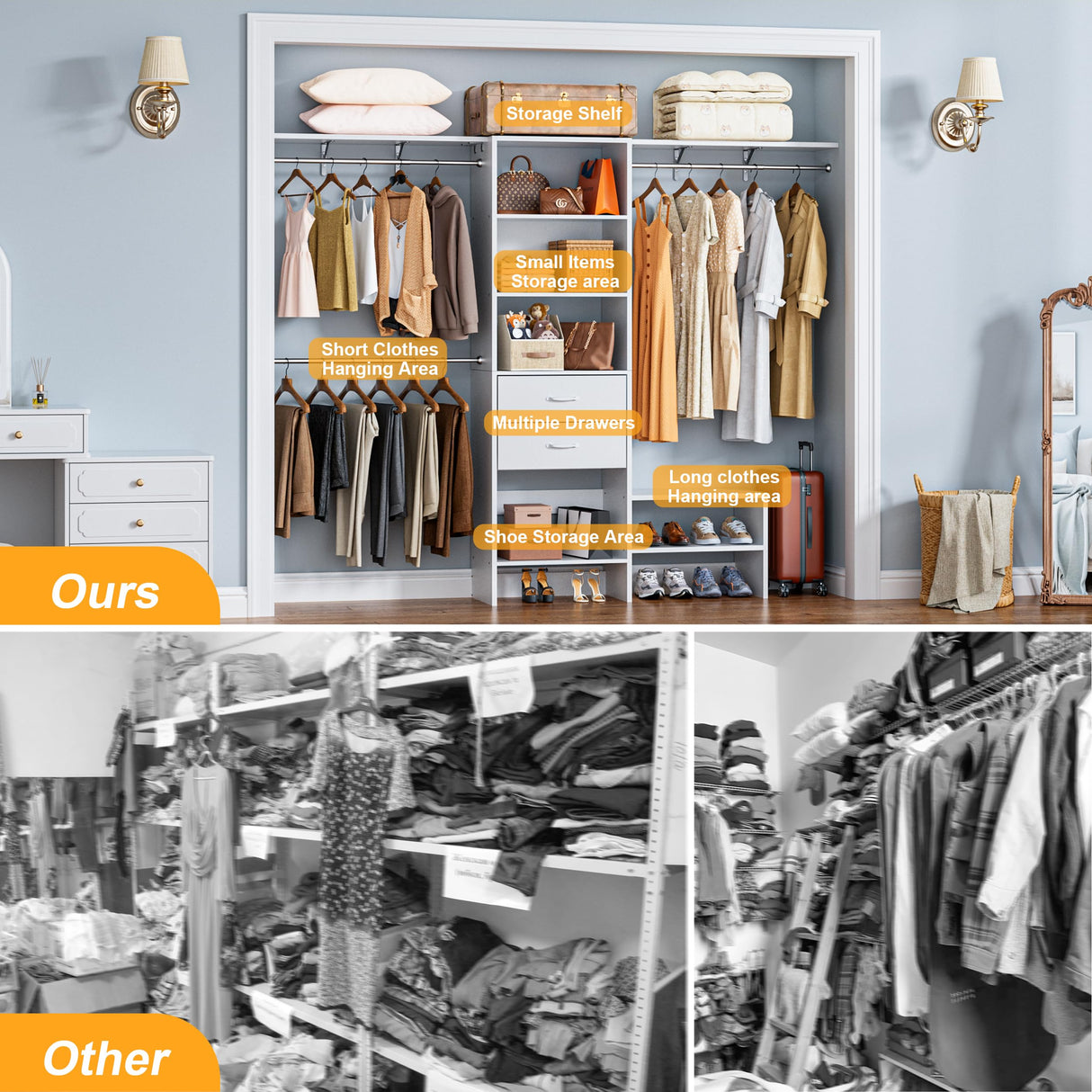 MJOMKN 8FT Closet System with Drawers, Walk-In Closet Organizer with 3 Adjustable Hanging Rods, Wood Closet Storage, Heavy Duty Clothes Rack, 96" L x 16" W x 75" H, Adjustable Wardrobe Rack, White MJOMKN