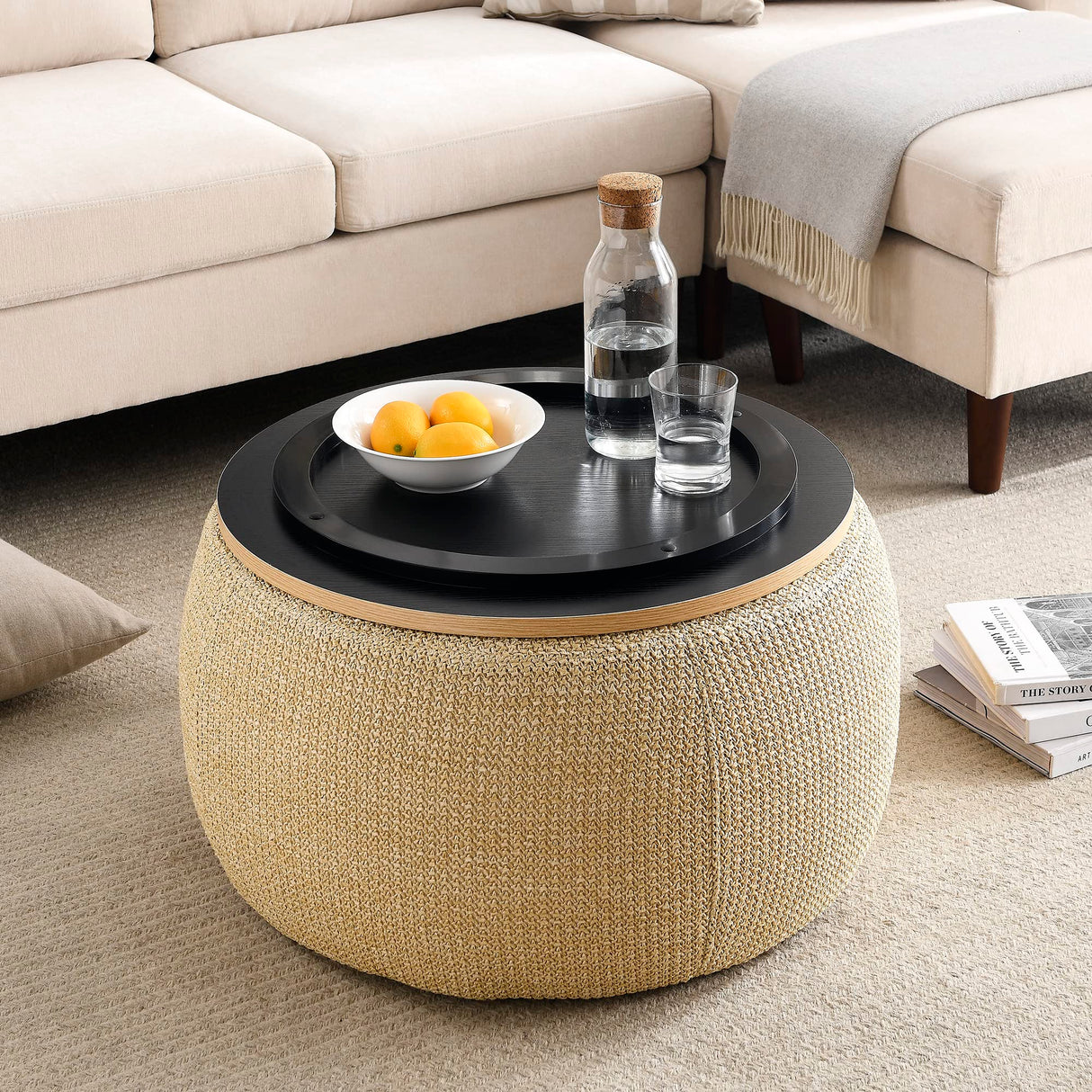YICORPS Modern Round Storage Ottoman with Wooden Top,Handmade Luxury Pleated Circle Fabric Storage Ottoman Coffee Table,End Table & Footstool for Living Room（Natural） YICORPS