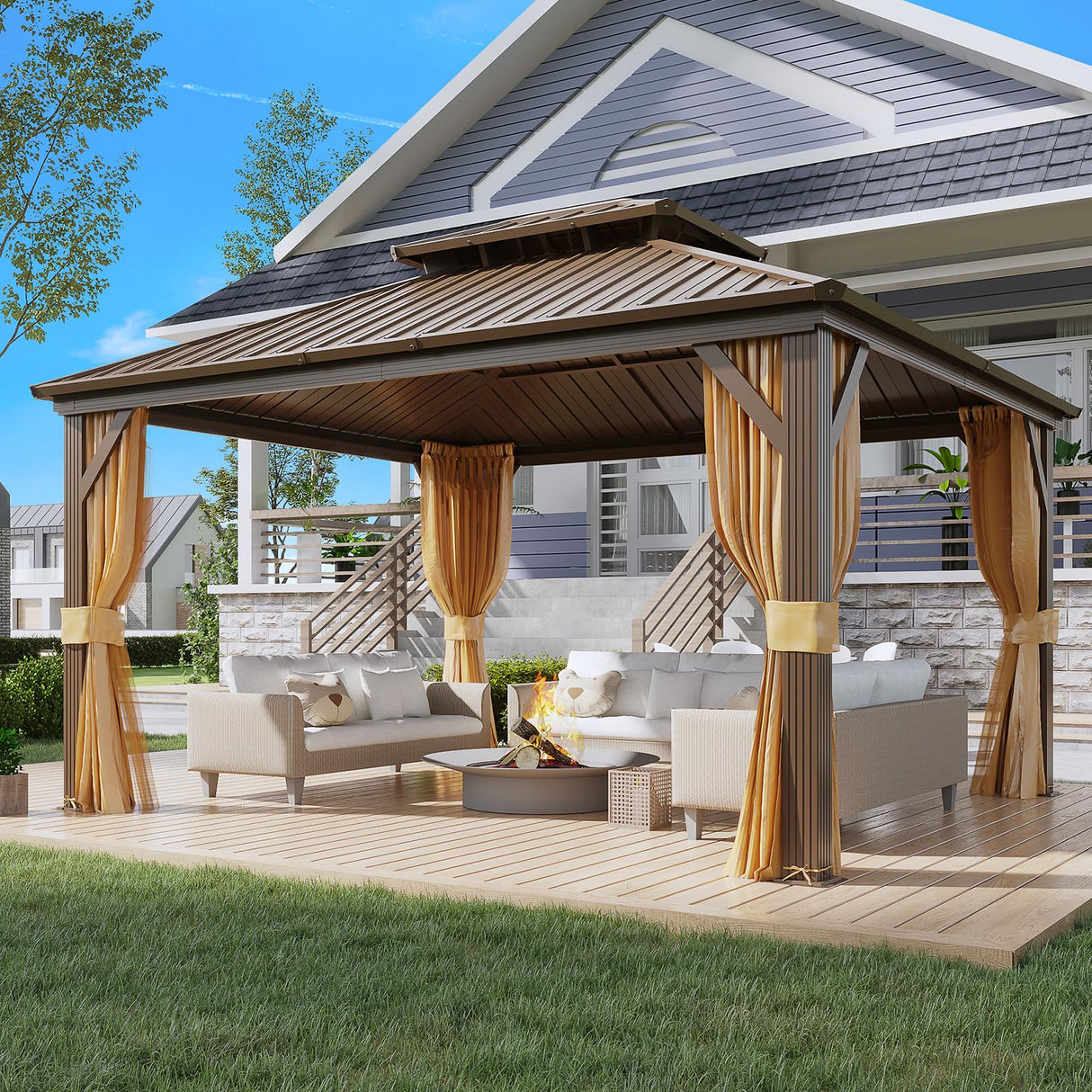 YOLENY 12' x 14' Gazebo, Hardtop Gazebo with Aluminum Frame, Double Galvanized Steel Roof, Curtains and Netting Included, Metal Gazebos Pergolas for Patios, Garden, Parties, Lawns YOLENY