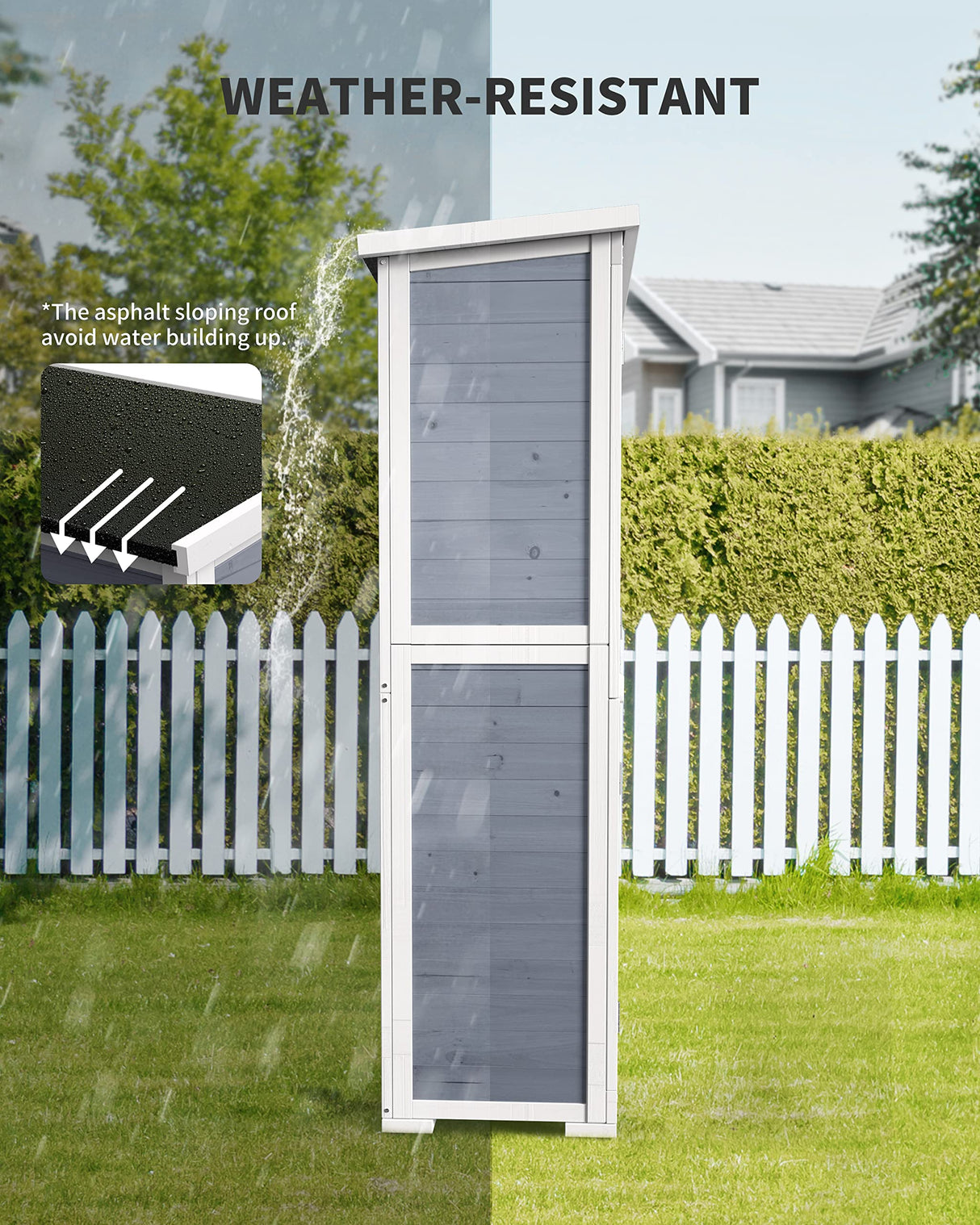 Gizoon Outdoor Storage Cabinet with 3 Shelves, Double Lockable Wooden Garden Shed with Waterproof Roof, Outside Vertical Tall Tool Shed for Yard Patio Lawn Deck-Grey Gizoon