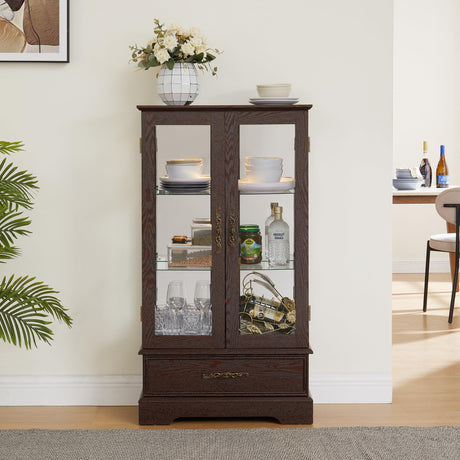 lunhung 3-Tier Lighted Glass Display Curio Cabinet with 2 Tempered Glass Doors & 1 Drawer,Curio Case with Mirrored Back Panel & Adjustable Shelves,Wine Display Cabinet for Living Room,Kitchen(Cherry) lunhung