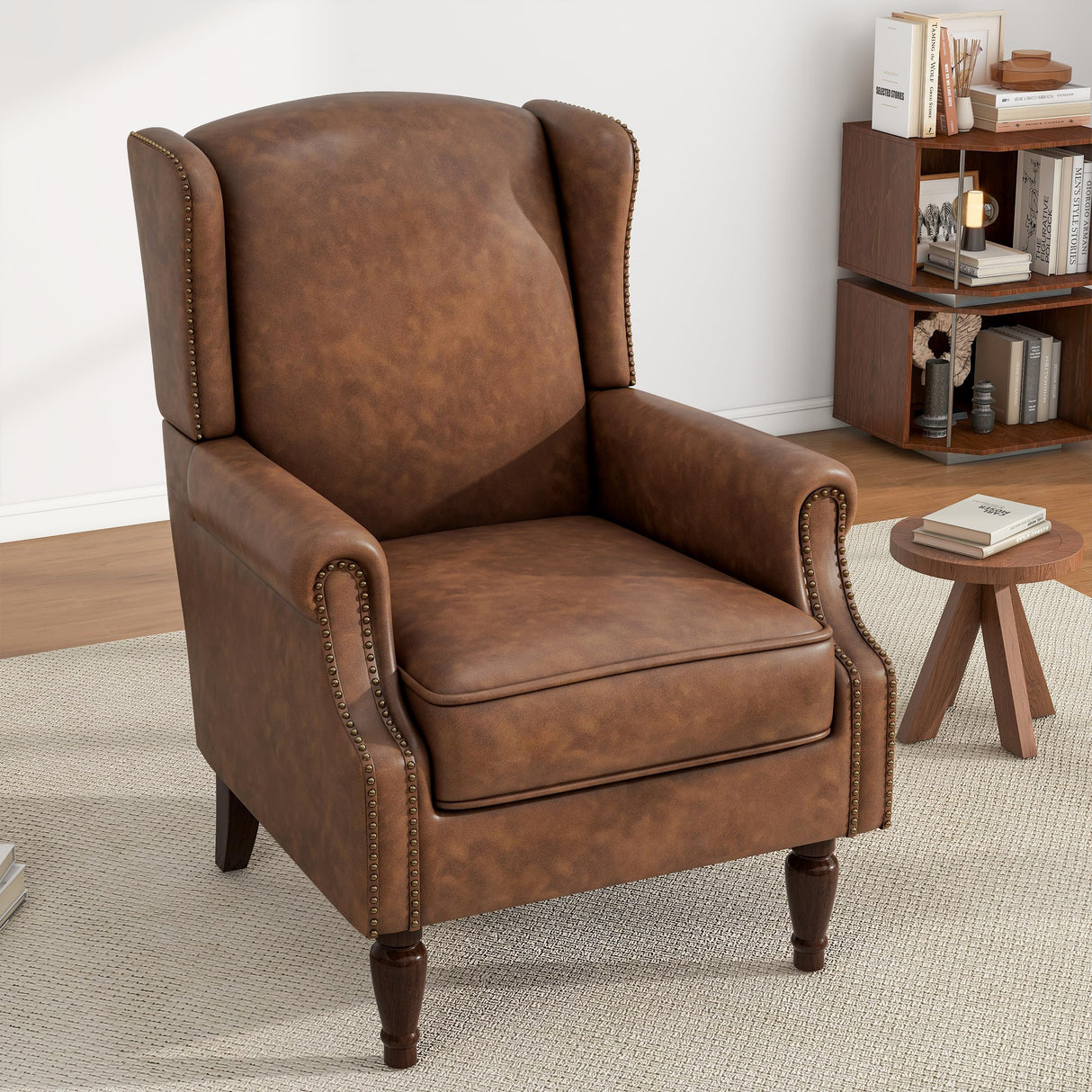UIXE PU Leather High Back Accent Chair, Upholstered Armchair for Living Room, Retro Wingback Arm Chair Nailhead Trim Single Sofa Bedroom Reading Seat with Solid Wood Legs - Brown UIXE