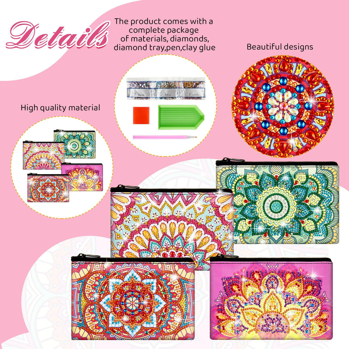 Silkfly 4 Pcs Diamond Painting Art Makeup Bags DIY Purses Toiletry 5d Handmade Double Design Diamond Painting Cosmetic Bags Bulk with Zipper Rhinestone Accessories for Women(Mandala) Silkfly