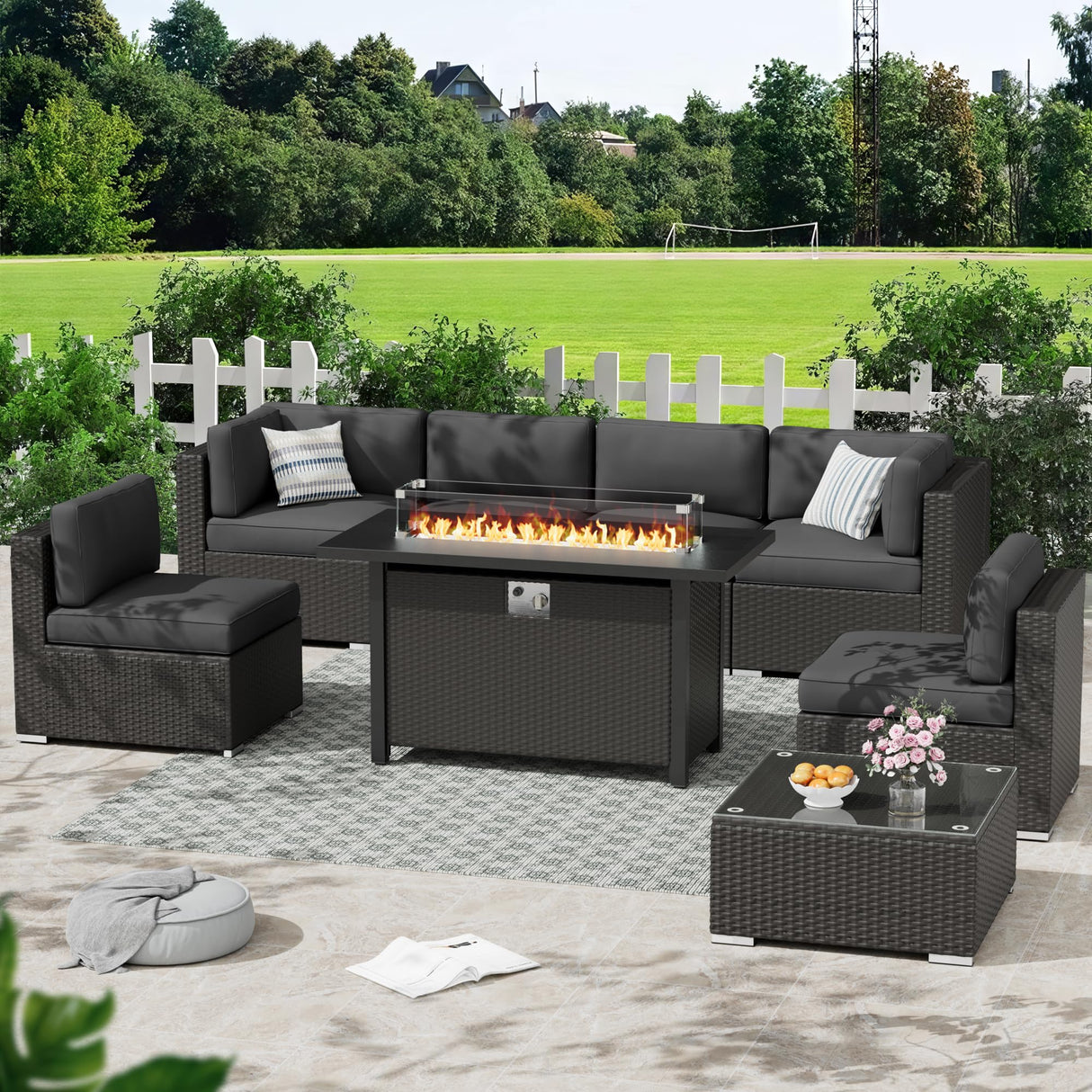 Crownland 8-Piece Outdoor Patio Furniture Sets with 45” Propane Gas Fire Pit Table, All-Weather Black Wicker Rattan Sectional Sofa with Coffee Table(Grey) Crownland