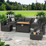 Crownland 8-Piece Outdoor Patio Furniture Sets with 45” Propane Gas Fire Pit Table, All-Weather Black Wicker Rattan Sectional Sofa with Coffee Table(Grey) Crownland