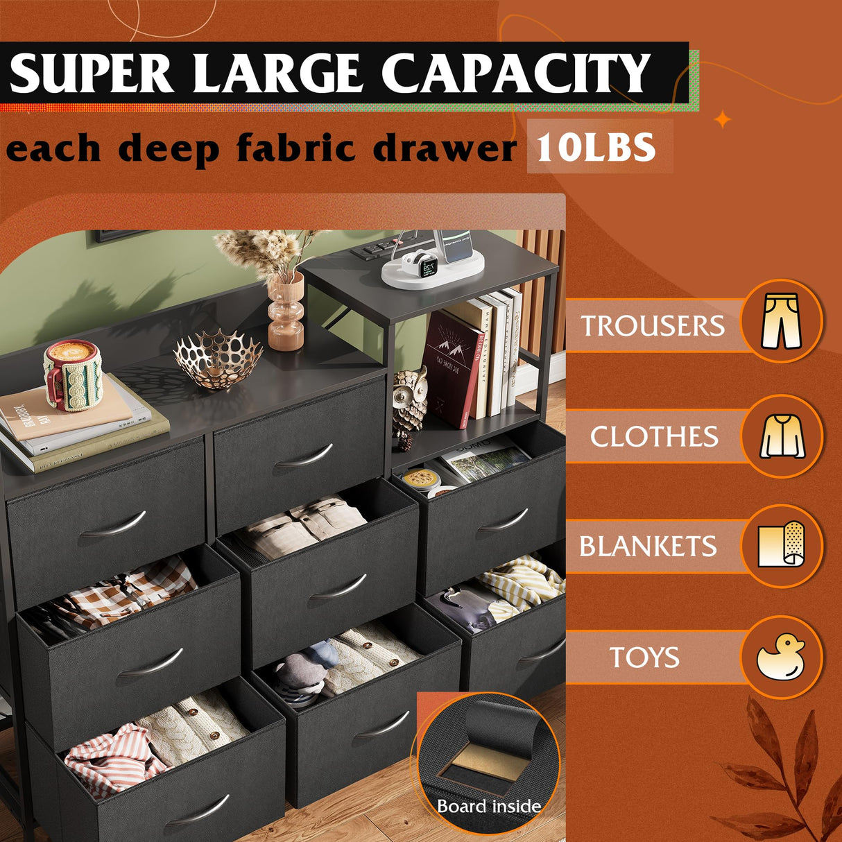 WLIVE Black Dresser TV Stand for Bedroom with Charging Station and Open Shelves, Fabric Dresser with 8 Drawers and Wood Top, Wide Storage Chest of Drawers for Living Room, Hallway WLIVE