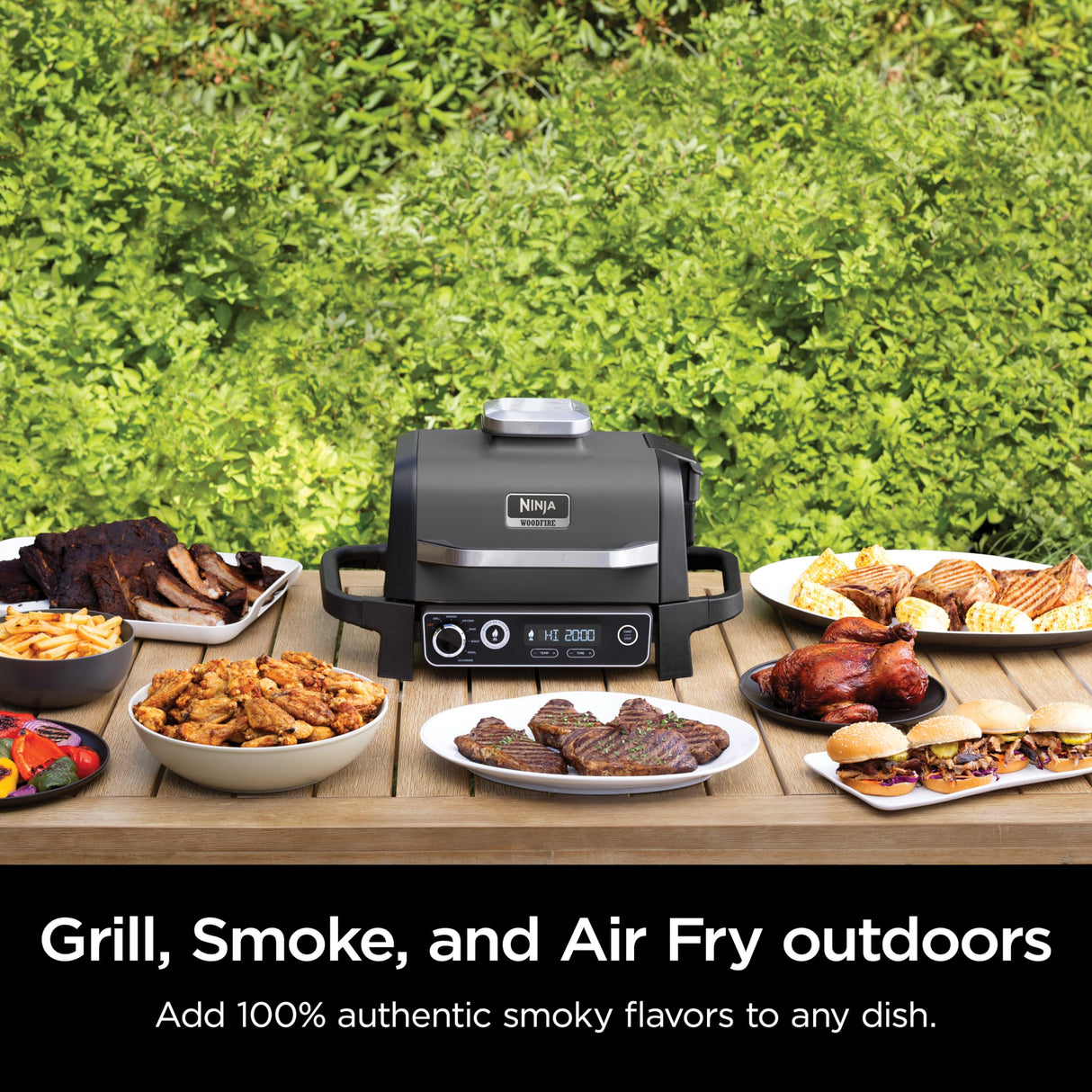 Ninja OG701 7-in-1 Outdoor Electric Grill & Smoker - Grill, BBQ, Air Fry, Bake, Roast, Dehydrate & Broil - Uses Woodfire Pellets - Portable & Weather Resistant Ninja