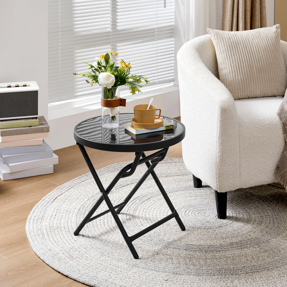 Yaheetech Outdoor Folding Side Table, Round Patio Folding End Table with Silk Tempered Glass Tabletop, Portable Small Garden Bistro Table for Garden Balcony Porch Deck, Black Yaheetech