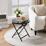 Yaheetech Outdoor Folding Side Table, Round Patio Folding End Table with Silk Tempered Glass Tabletop, Portable Small Garden Bistro Table for Garden Balcony Porch Deck, Black Yaheetech