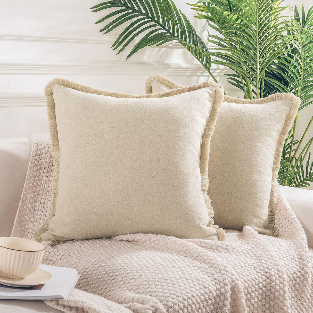 NEXHOME PRO Boho Throw Pillow Covers for Couch Set of 2 20"x20", Handmade Decorative Linen Pillow Covers Shams for Sofa, Living Room, Farmhouse Fringed Cushion Covers,Linen (NO Insert) NEXHOME PRO