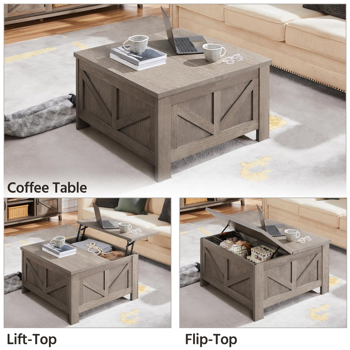 Yaheetech Lift Top Coffee Table, Square Farmhouse Coffee Table with Hidden Storage Compartment, Wood Center Table for Living Room, Home Office, Gray - WoodArtSupply