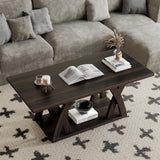 FROMJBEST Farmhouse Coffee Table with Shelf, Wood Coffee Table for Living Room, Open Display Area,47” Dark Brown FROMJBEST
