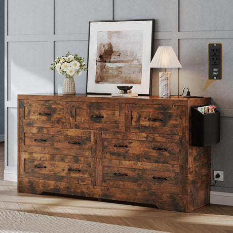DWVO Farmhouse 7 Drawer Dresser for Bedroom, 60 Inch Large Modern Dresser TV Stand with Drawers & Bar Handles, Storage Dressers with Power Outlets, Rustic Wood Chest of Drawers, Rustic Brown Upgraged DWVO