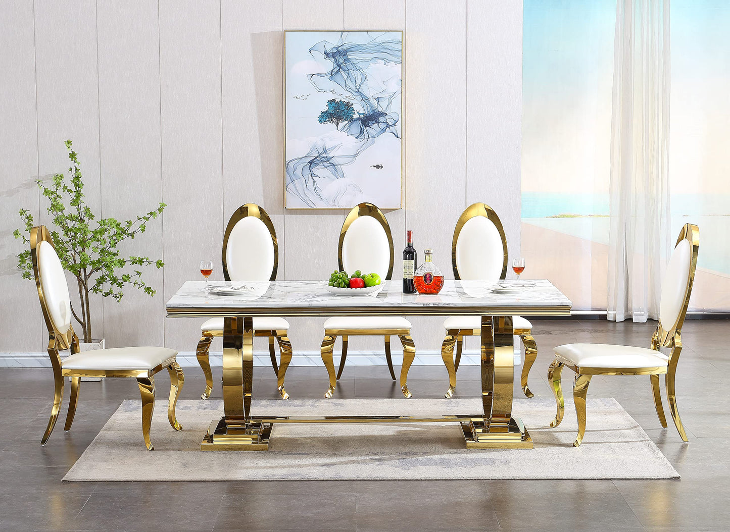 Henf 78.7" Luxury Marble Dining Table for 6-8 People White Gold Genuine Marble Kitchen Table with Mirrored Finish Stainless Steel Base, Contemporary Modern Large Long Dining Room Table (Table - WoodArtSupply