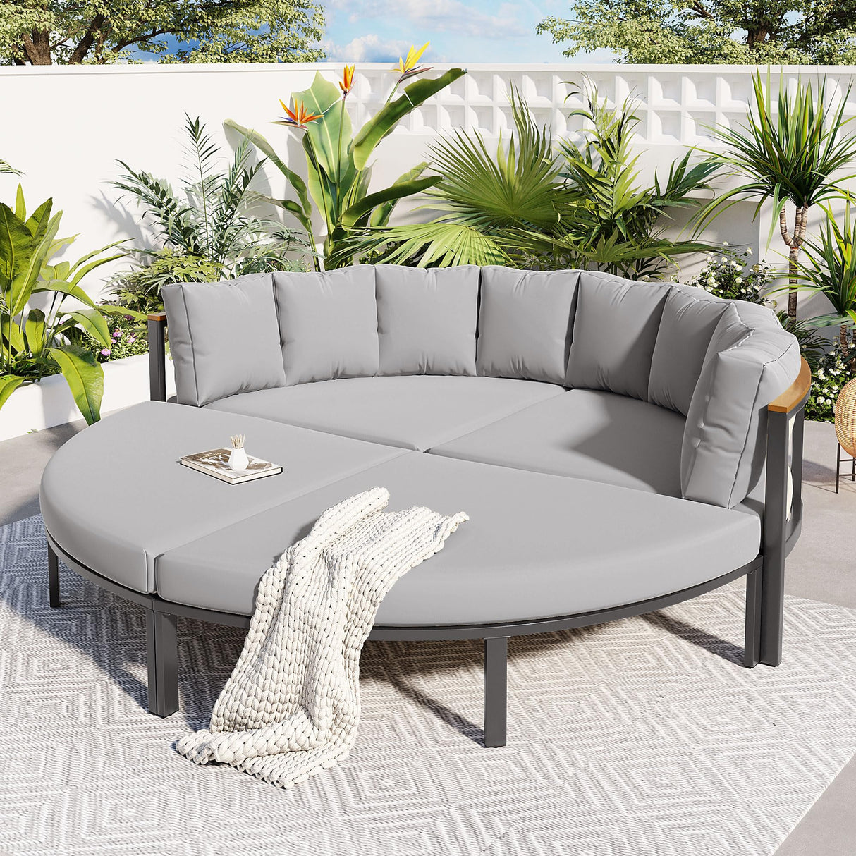 KLMM Farmhouse 4 Piece Round Outdoor Conversation Set,Patio Sectional Sofa Set with 8 Back Cushions,for Porch Lawn Garden Backyard Poolside (Gray@Round) KLMM