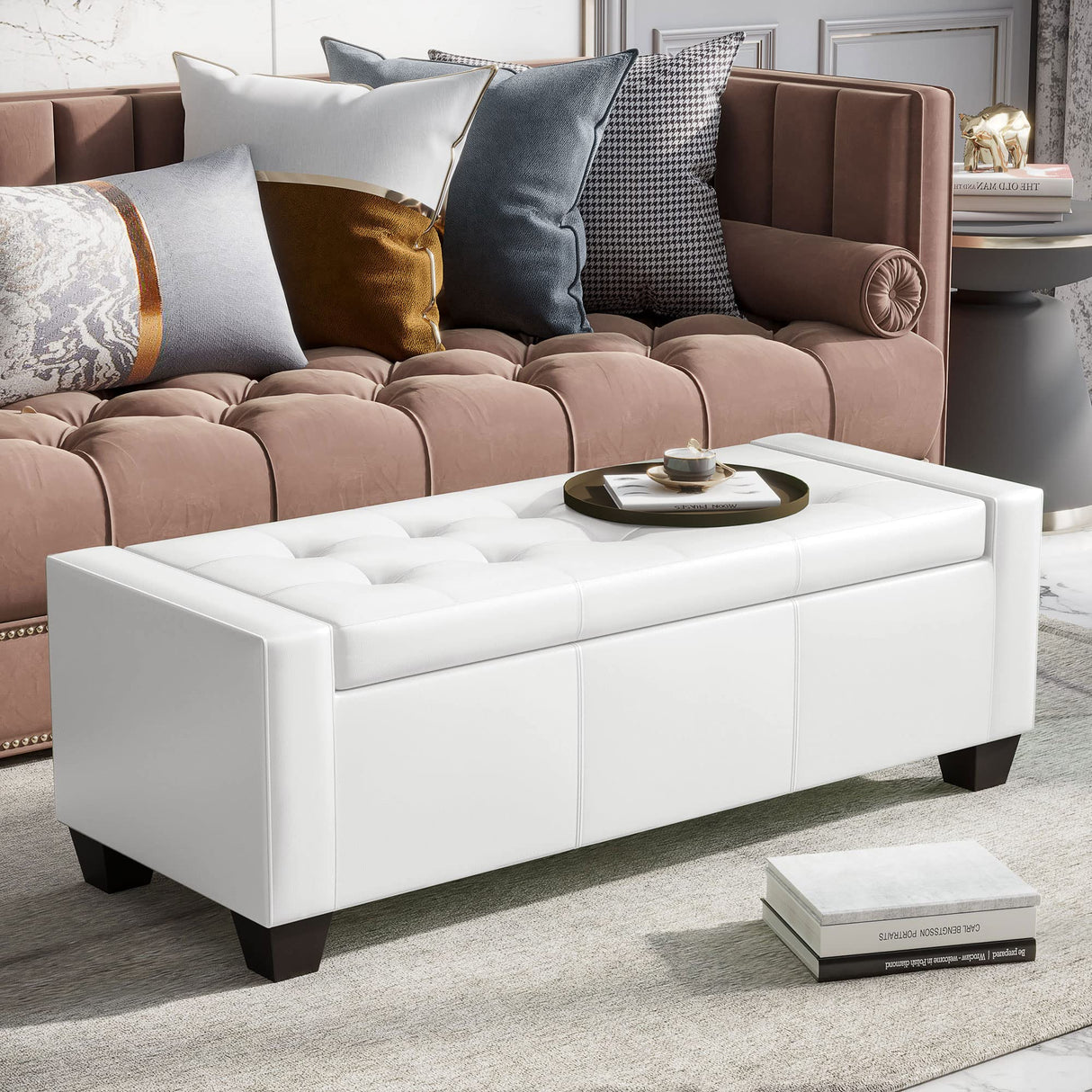 HOMCOM Large 51" Storage Ottoman, Tufted Faux Leather Storage Bench for Living Room, Entryway, or Bedroom, Cream White HOMCOM