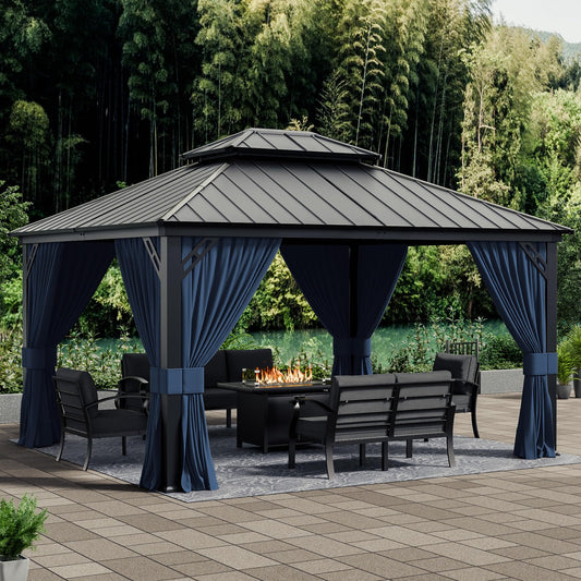 ASJMR 12x14ft Hardtop Gazebo Double Roof, Outdoor Pavilion with 2-Layer Hard top Galvanized Iron Frame Garden Tent, Suitable for courtyards, backyards, Decks, and Grass