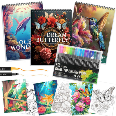 3Pcs Adult Coloring Book for Women Relaxation, 36 Colors Markers with Spiral Bound Adult Coloring Book for Women, 36 Dual Tip Colors Markers, Anxiety Relief Mindfulness Gifts(Ocean & Bird & Butterfly)
