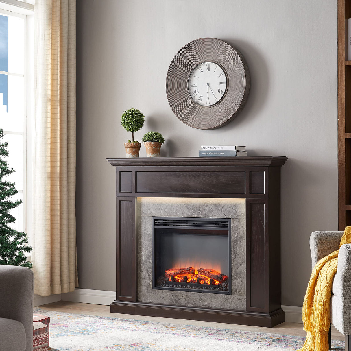 LegendFlame Fireplace Suite Sheraton, 48 Inch Mantel Surround, Espresso Oak with Light Grey Marble Finish, with 23 Inch Electric Fireplace Insert, 750W/1500W, Weekly Timer, Mood Light, Remote Control Legend Flame