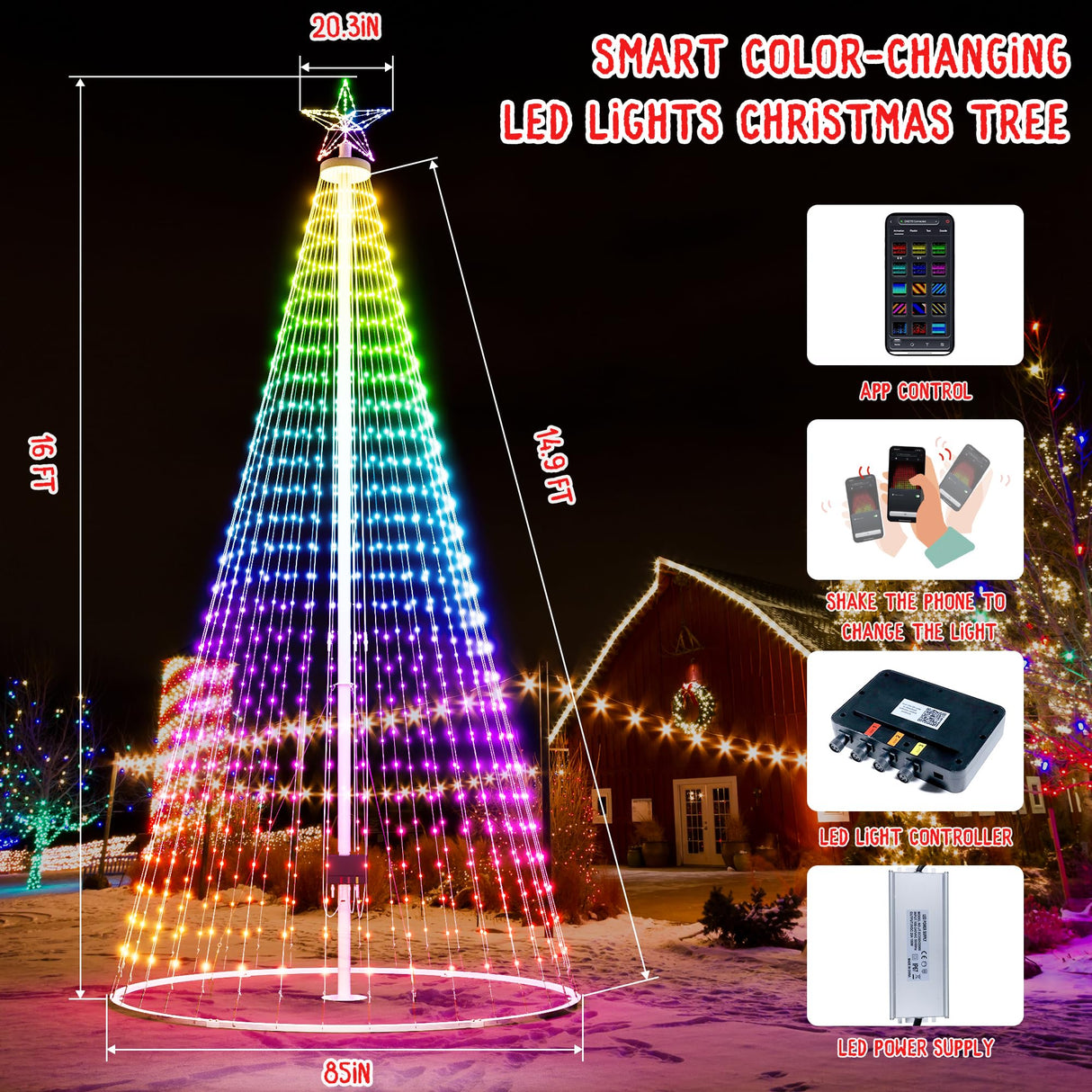 Led Outdoor Christmas Tree, 16ft Prelit Christmas Tree, Smart Outside Christmas Tree Light Show App Control with 1008 LED Lights Color Changing Sync APP & Remote Control Christmas Tree Lighting Miveda
