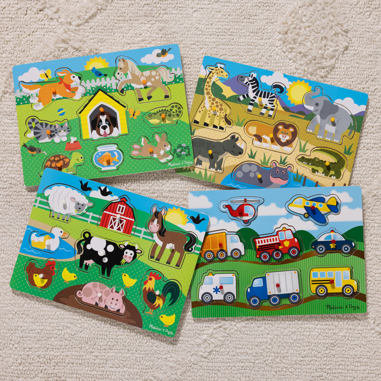 Melissa & Doug Wooden Peg Puzzle 4-Pack for Toddler and Preschool Boys and Girls – Vehicles, Farm, Safari, Pets Melissa & Doug