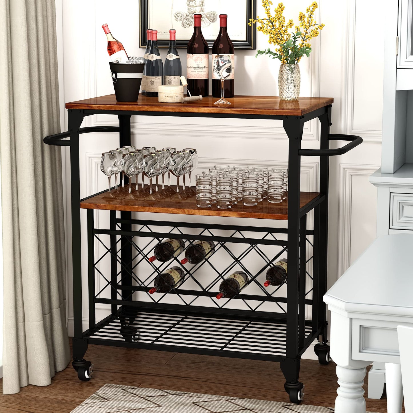 WAYTRIM Bar Cart, 3 Tier Home Freely Rolling with Wheels, Industrial Vintage Style Wood Metal Serving Trolley Kitchen Serving Cart with Rack and Cup Holder, for Dining Rooms, Garden, Bar