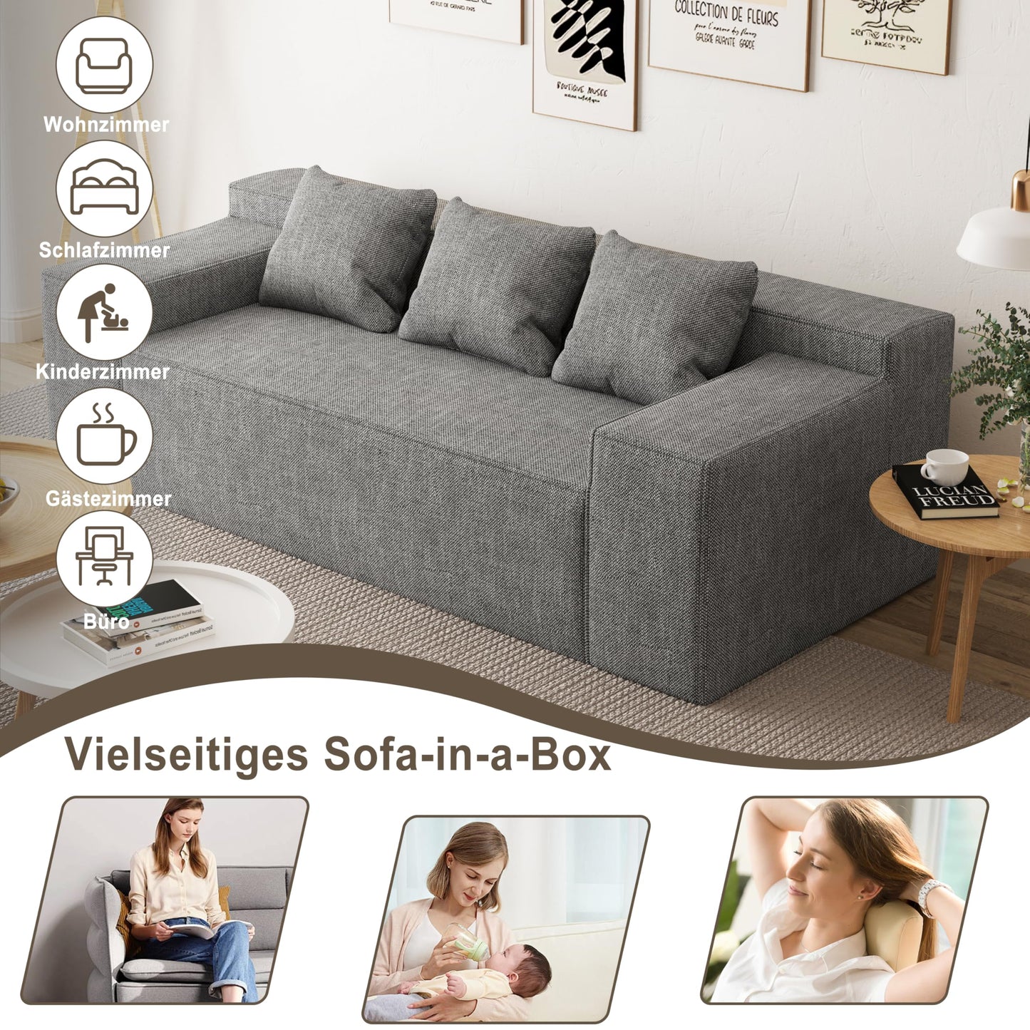 PurrJoys Modern 3-Seater Sofa, Hybrid Sofa in a Box, No Assembly Required, Comfy Sofa Couch with 3 Matching Pillows, Cat-Scratch Resistant Linen, Couch for Living Room or Bedroom, Grey