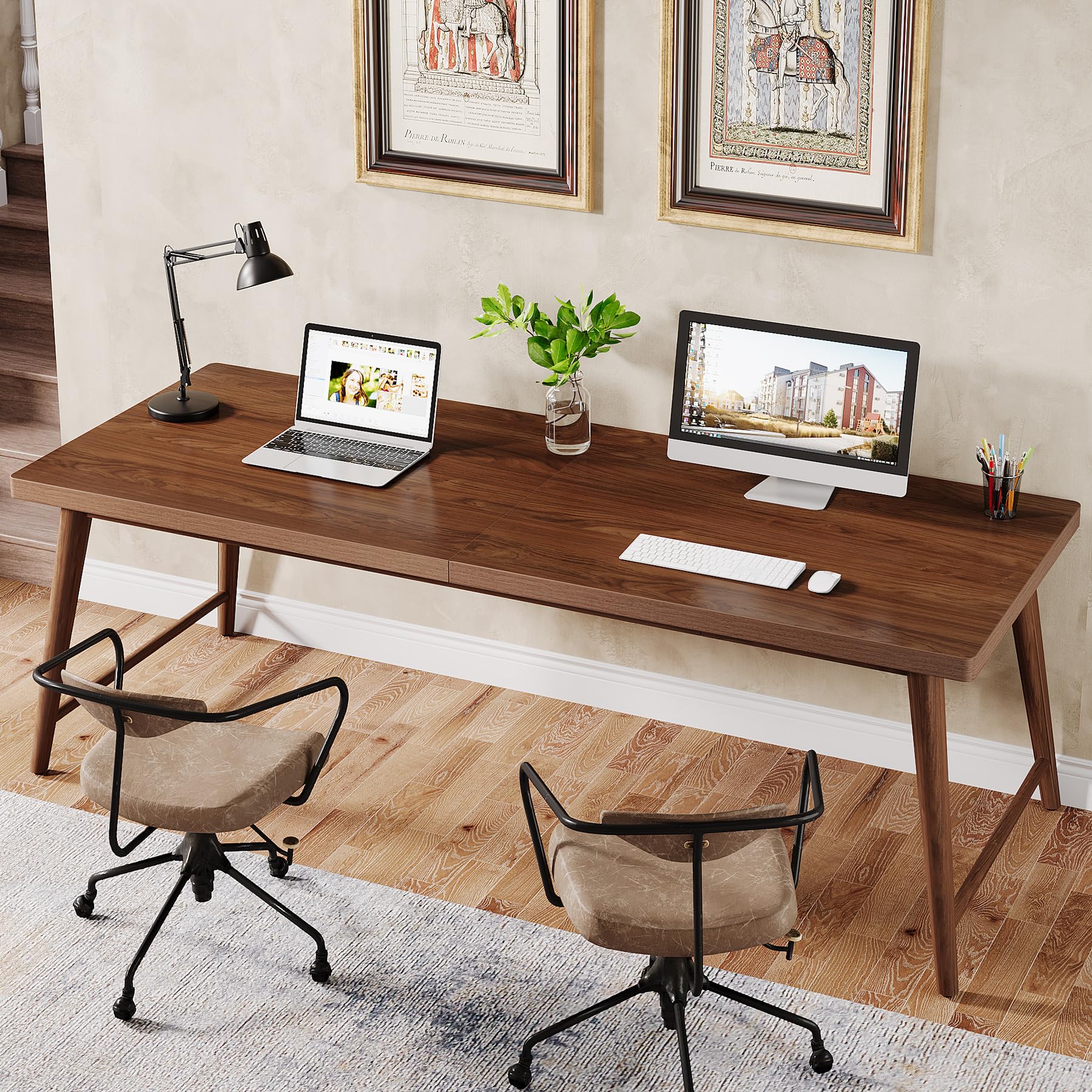 Tribesigns 78.7" Extra Long Desk, Large 2-Person Computer Desk Writing Desk, Double Home Office Desk Study Work Table with Metal Legs, Rich Walnut - WoodArtSupply