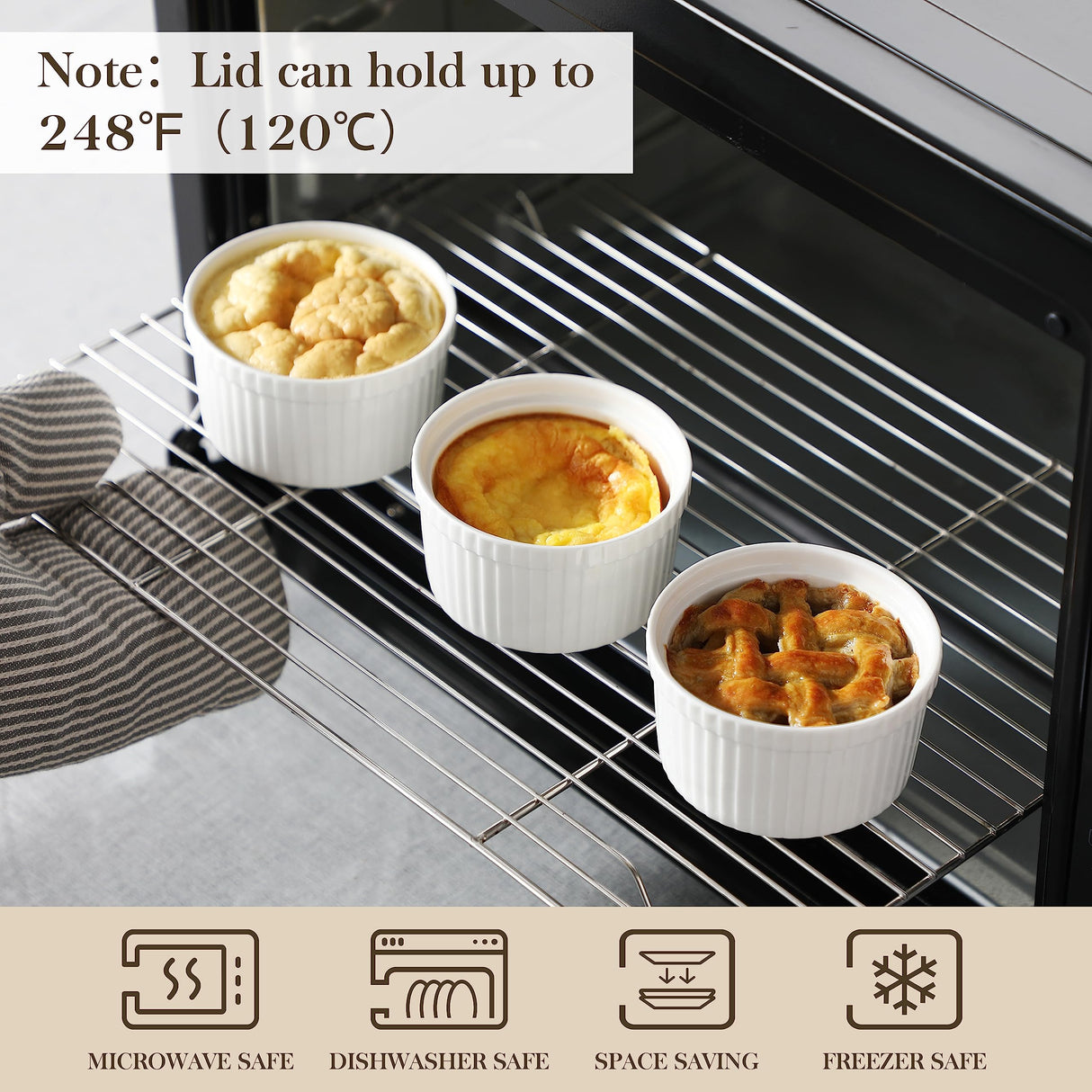 MALACASA Ramekins with Lids 8 oz - Set of 6, White Porcelain Creme Brulee Souffle Ramekins with Covers, Ceramic Custard Cups for Baking, Dishwasher and Oven Safe, Series RAMEKIN-DISH MALACASA