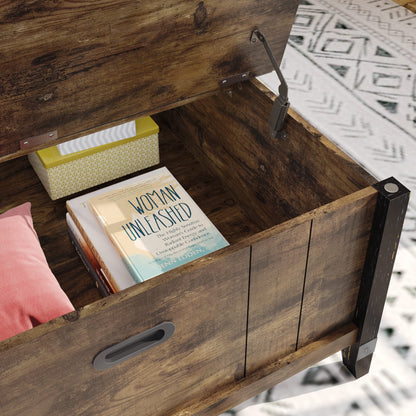 Bestier Farmhouse Coffee Table, Square Wood Center Table with Large Hidden Storage Compartment for Living Room, Rustic Cocktail Table with Hinged Lift Top for Home,Rustic Brown - WoodArtSupply